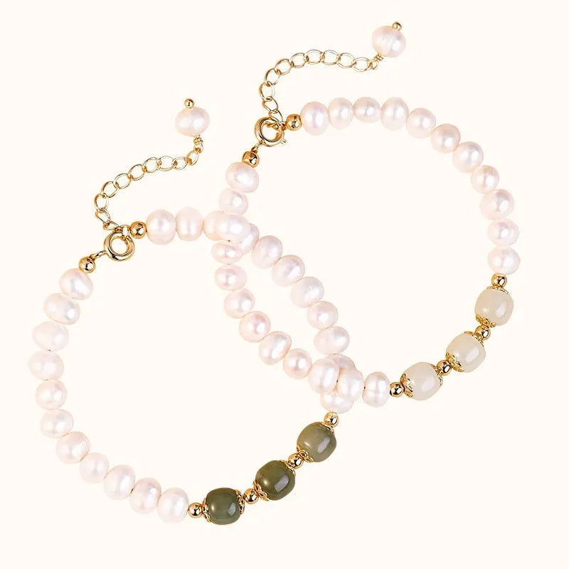 Korean style freshwater pearl bracelet with diamond shapes in deep or light Hetian jade colour.