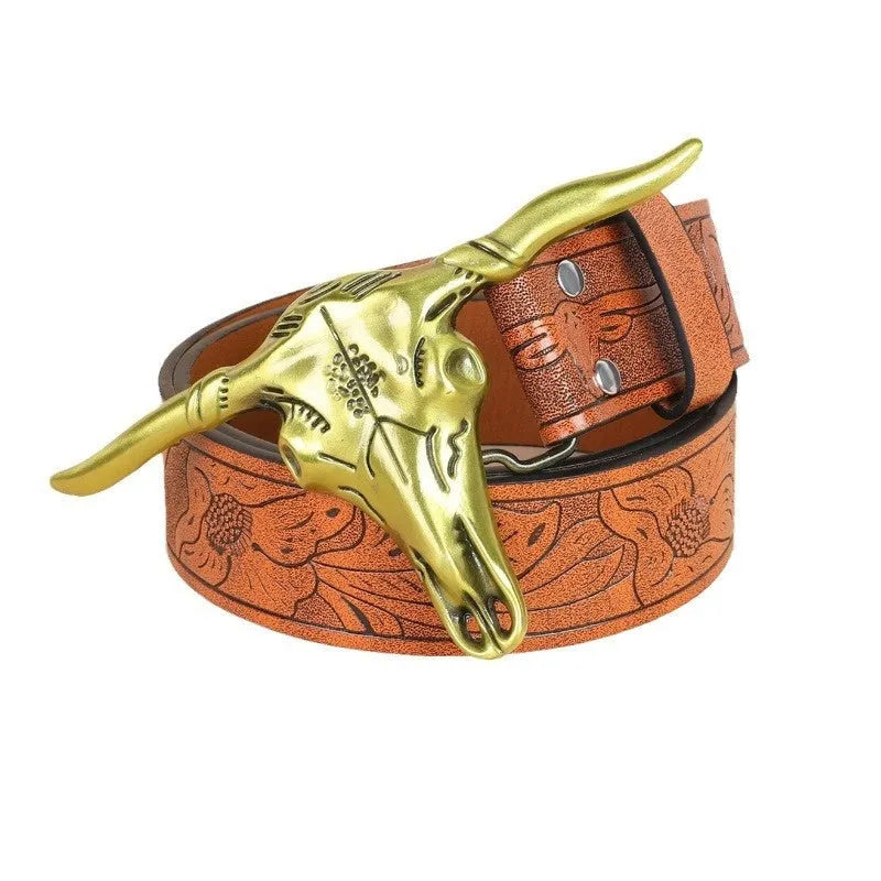 Men's brown leather belt featuring a detailed silver alloy cow head buckle.