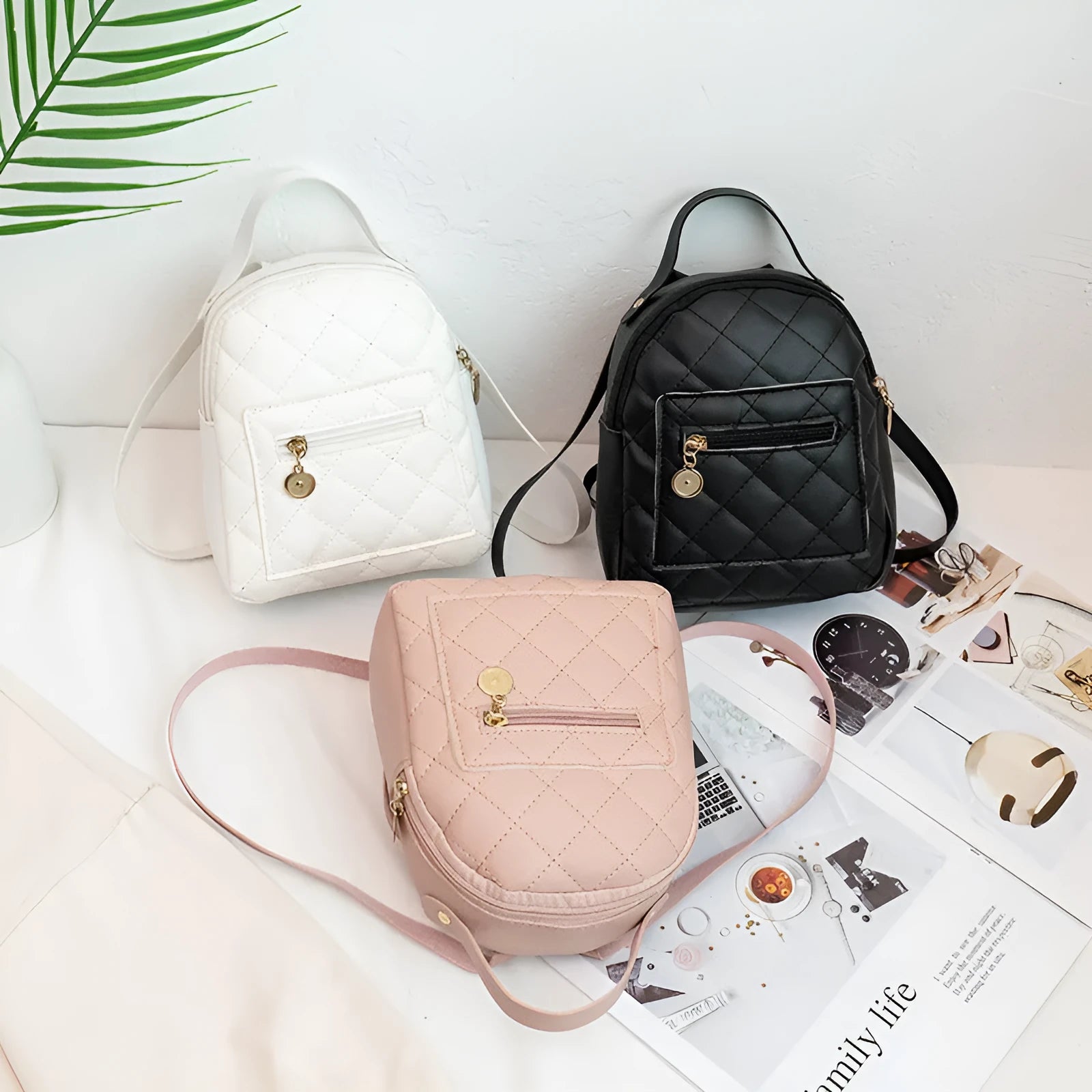Girls' embroidered Korean-style hardback backpack in square shape, shown in pink colour.