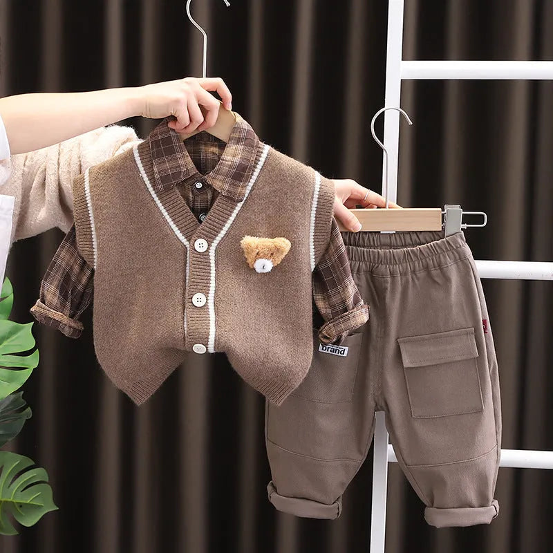 Children's knitted cotton sweater vest set with long sleeves, cartoon pattern, beige and brown colour options, sizes 80-120cm
