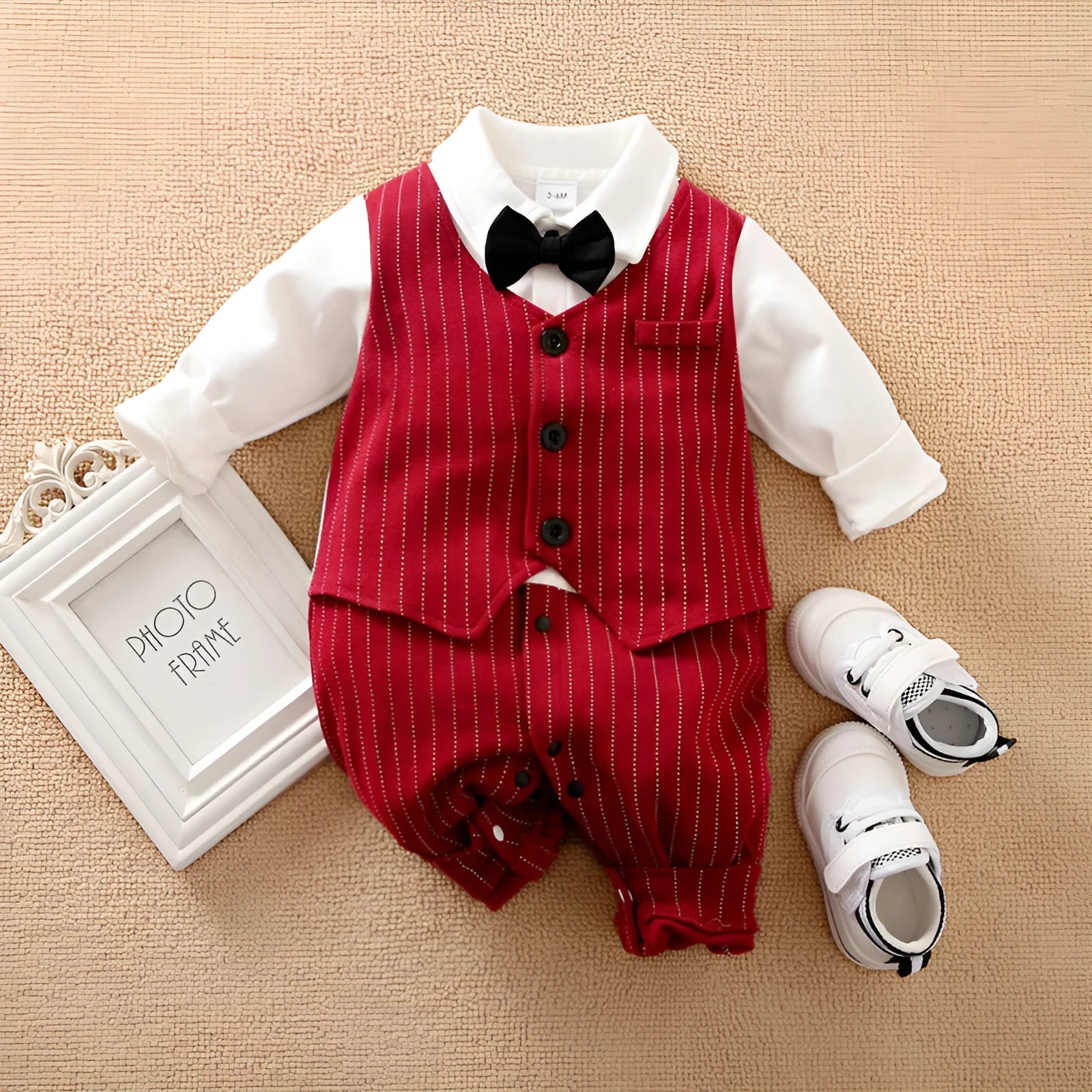 Baby boy gentleman jumpsuit in wine red with long sleeves and single-breasted closure