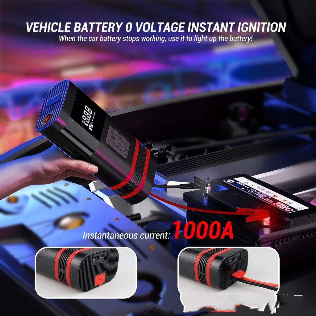 Black wireless car jump starter power bank with 100W output measuring 19.5cm long
