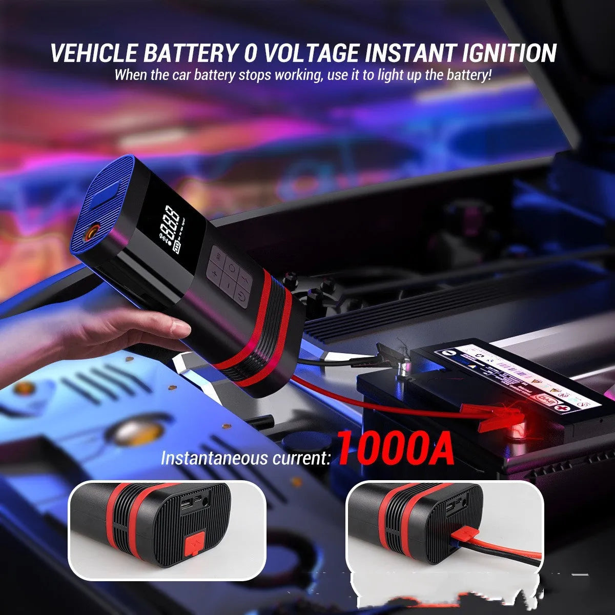 Black wireless car jump starter power bank with 100W output measuring 19.5cm long