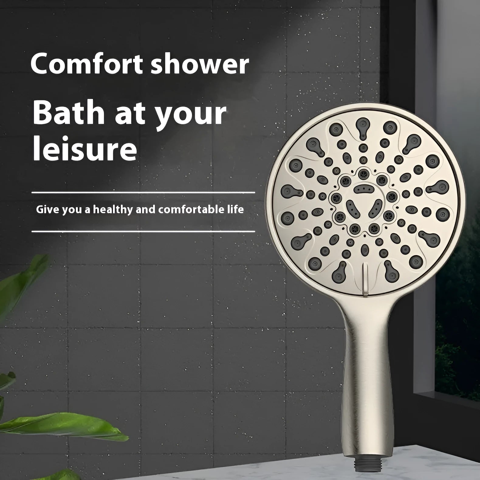 Six-function handheld shower head with electroplated finish showing multiple spray pattern options