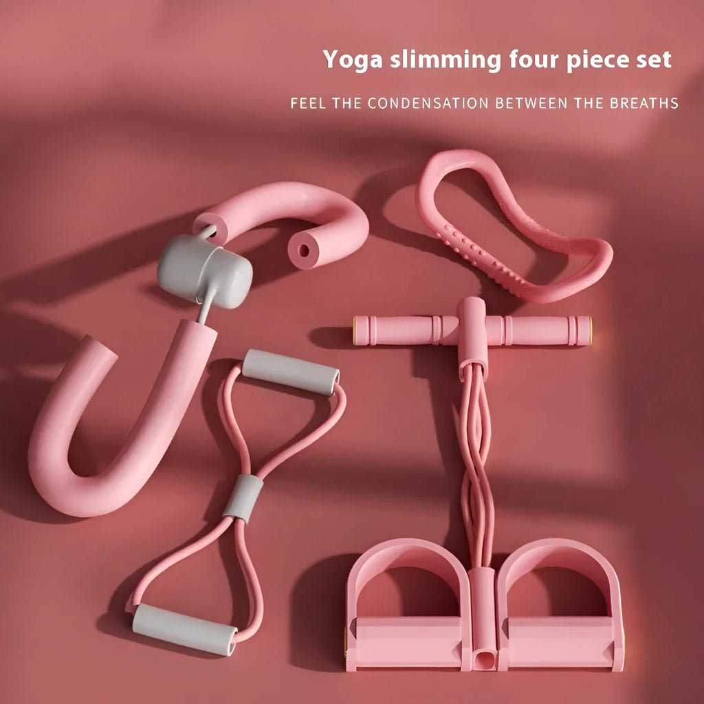 Yoga four piece set showing leg stretching device, yoga ring, pedal tensioner and figure eight tension rope