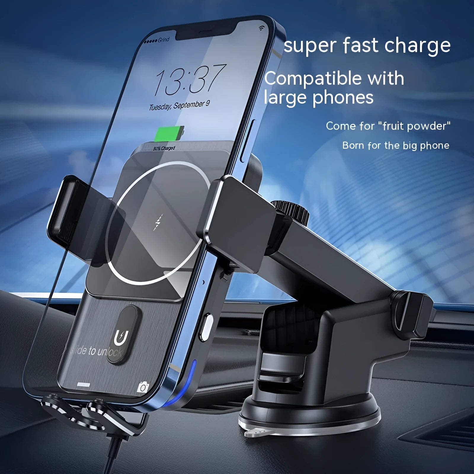Black car wireless phone charger with 15W power shown with suction cup and clip mounting options