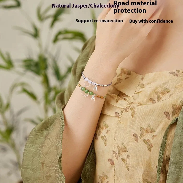 Women's handmade Hetian jade bracelet with woven chalcedony beads and lotus seedpod diamond pattern
