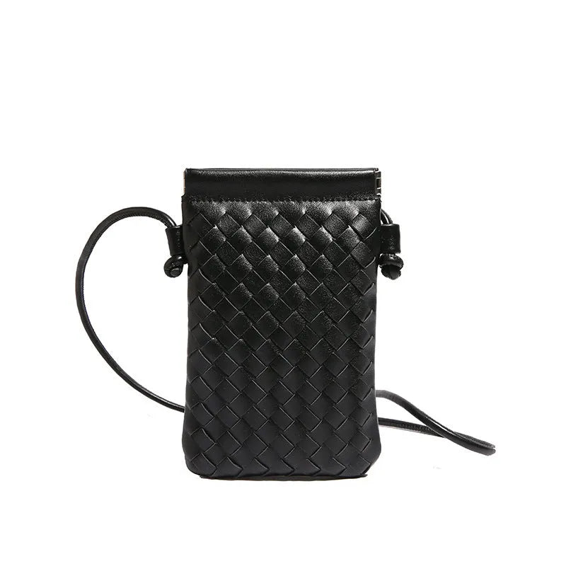 Vertical square PU crossbody bag with vintage weave texture in multiple colour options showing phone compartment.