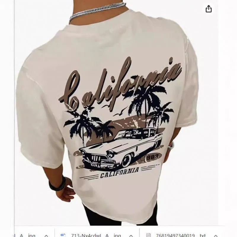 Men's printed short-sleeved street sports T-shirt on a hanger, showing one of the 10 digital print colour styles.