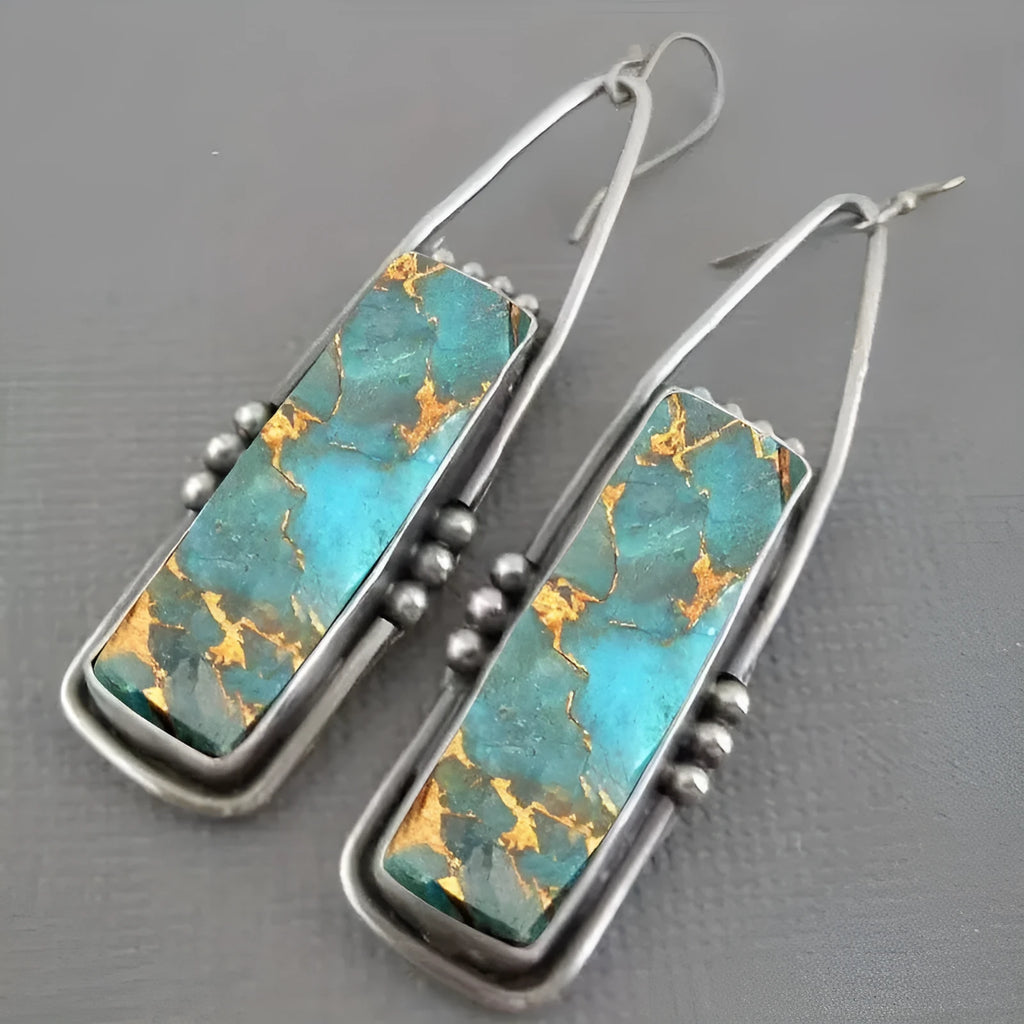 Retro patterned bohemian geometric zinc alloy drop earrings with drip glue finish, colour ER-36, 10g
