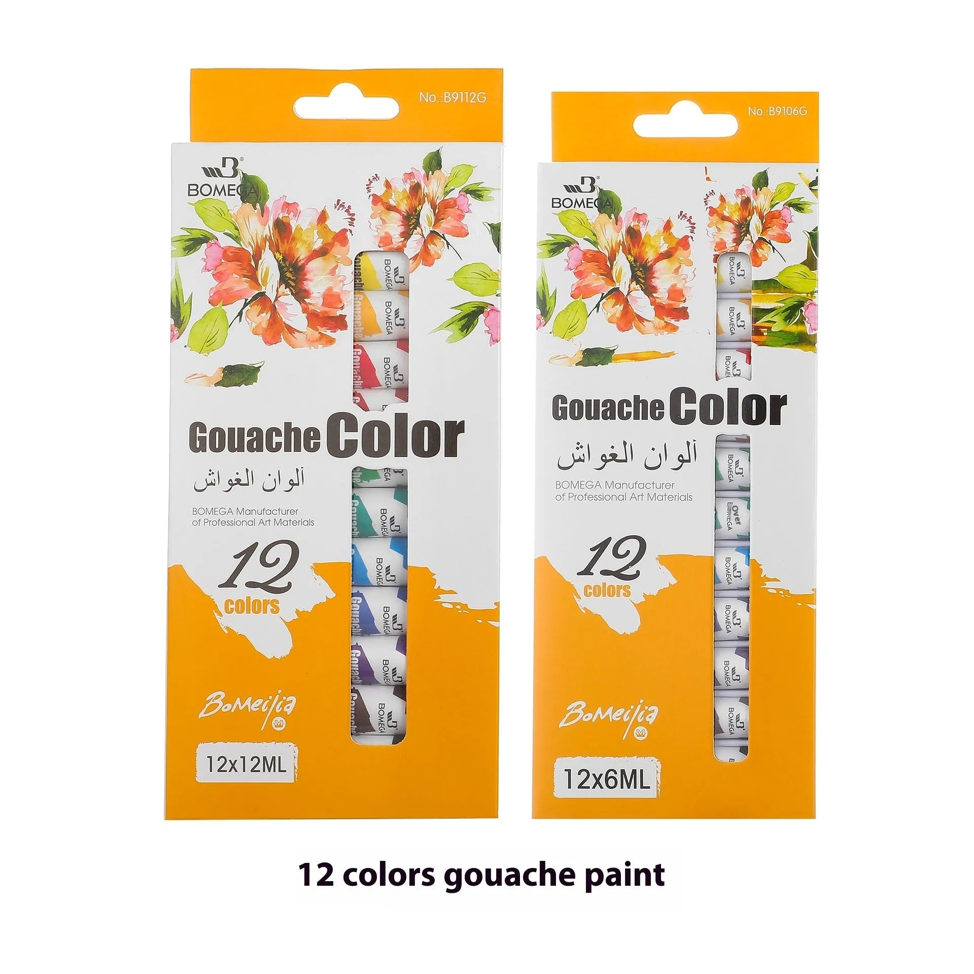 Artists' paint set showing twelve colour tubes organised in strips for acrylic, gouache, watercolour, and oil painting