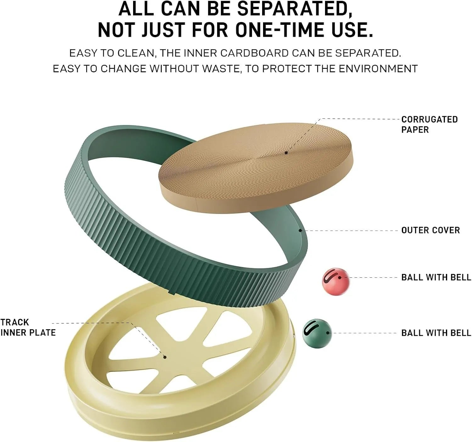 Large green circular cardboard cat scratching board with three built-in ball toys on a white base.