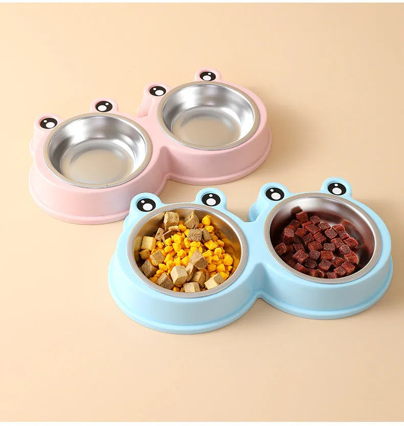 Stainless steel pet double bowl for food and water in blue, green, or pink.