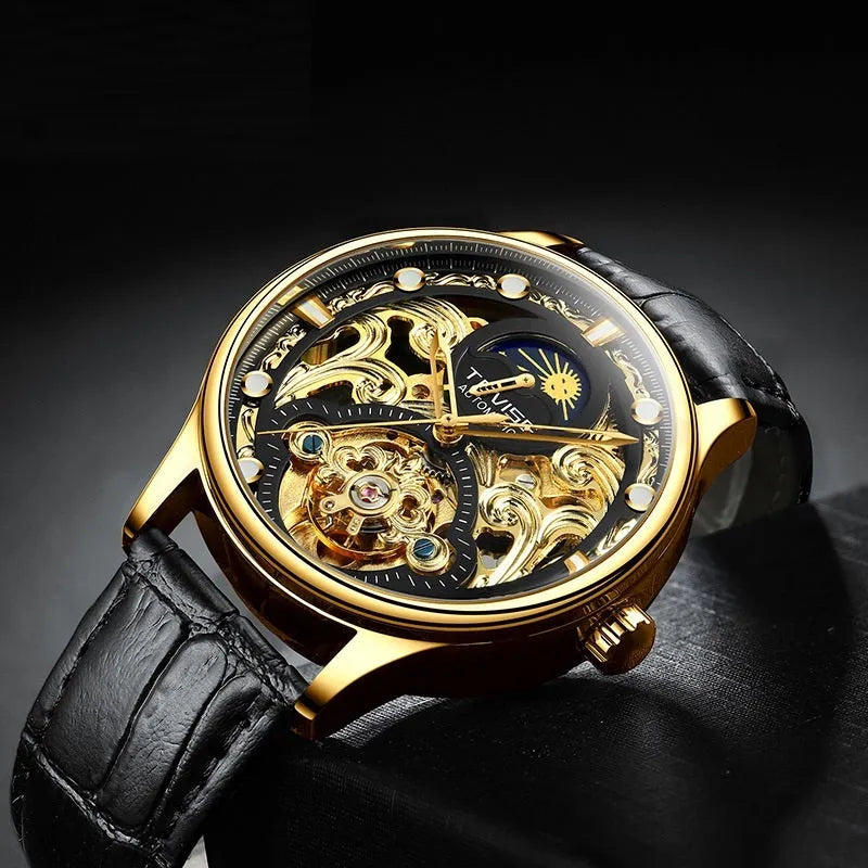 Men's gold leather strap waterproof automatic mechanical watch with analogue display.