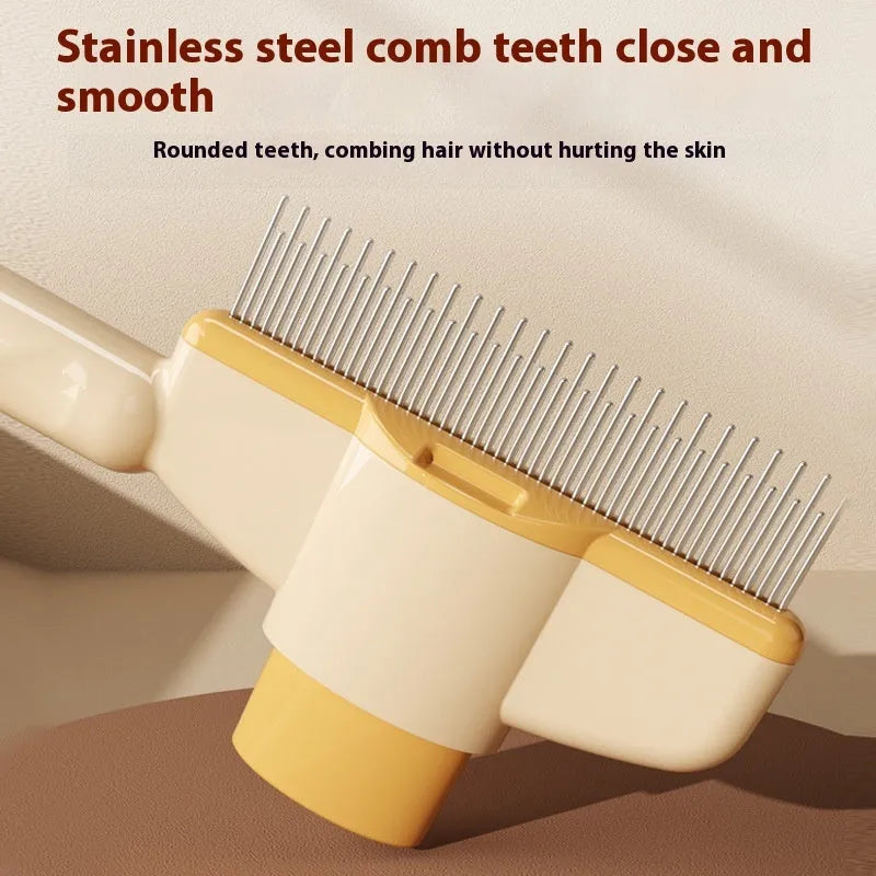 Yellow and green self-cleaning pet combs with stainless steel teeth and release buttons for dog and cat grooming