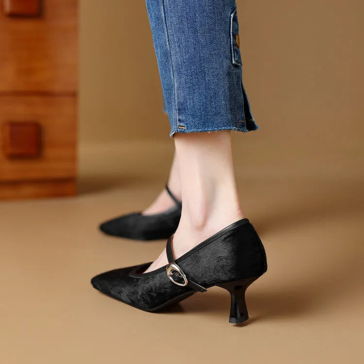 Black square toe stiletto ankle-strap heels with horse hair upper and buckle closure