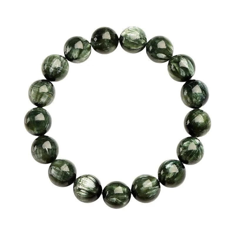 Green Dragon Crystal bracelet with 8-9mm geometric round beads and Ruyi design.