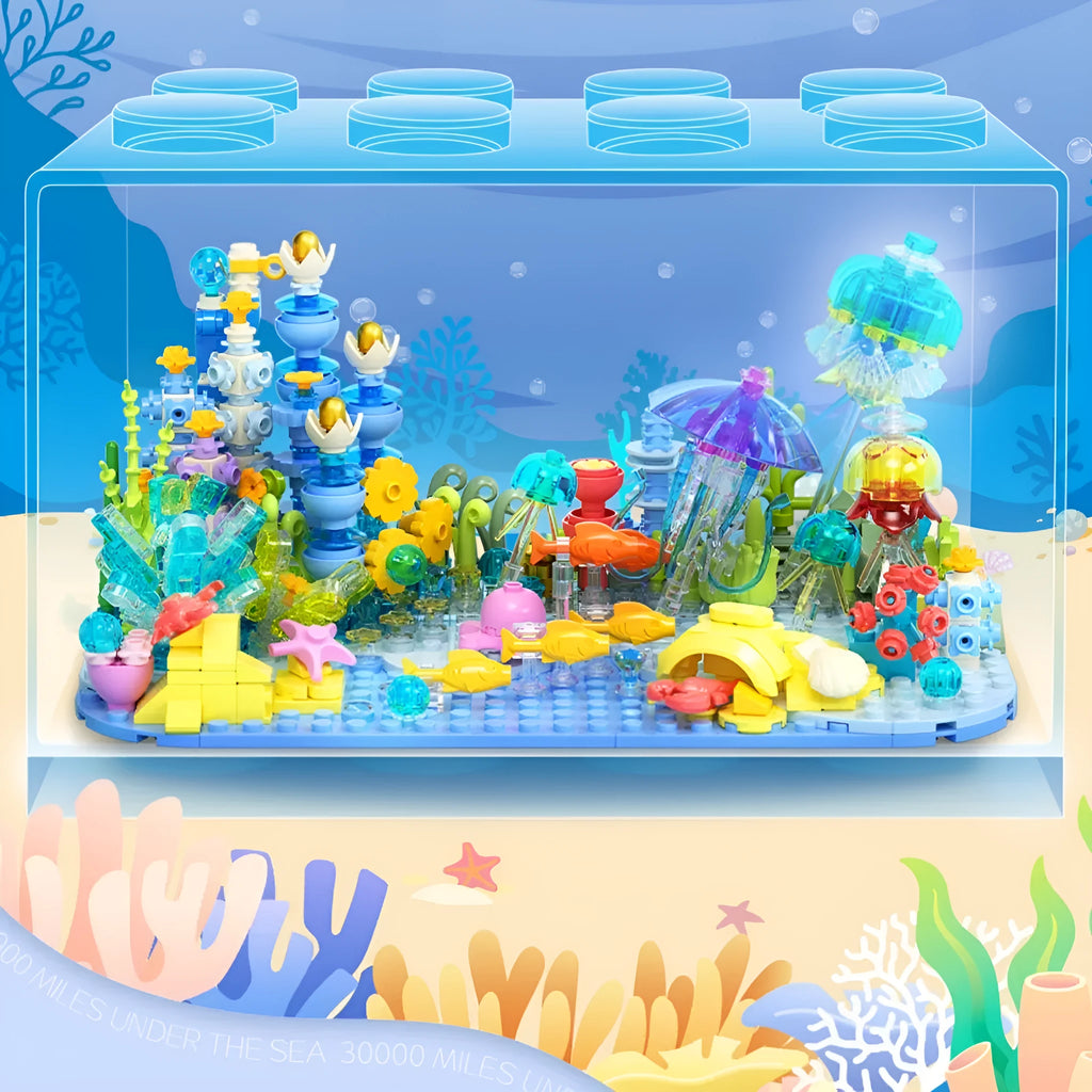 Blue plastic building blocks submarine model assembled on a white background, suitable for girls aged 7-14