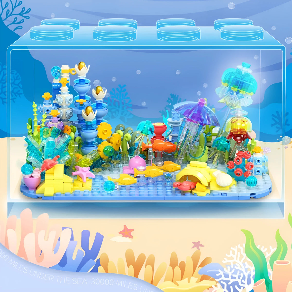 Blue plastic building blocks submarine model assembled on a white background, suitable for girls aged 7-14