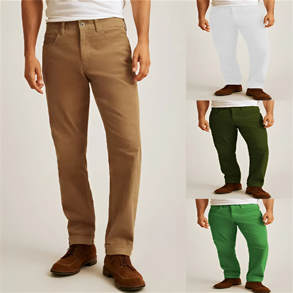 Men's straight leg corduroy trousers in a loose casual fit, shown in a solid colour with a mid-waist and zip fly detail.