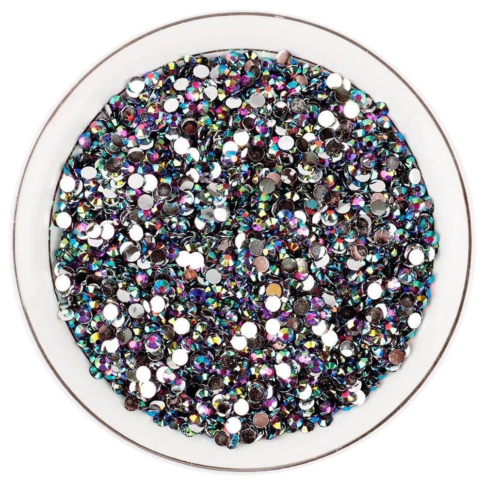 Flat plastic and resin nail rhinestones with electroplated finish in multiple colour options