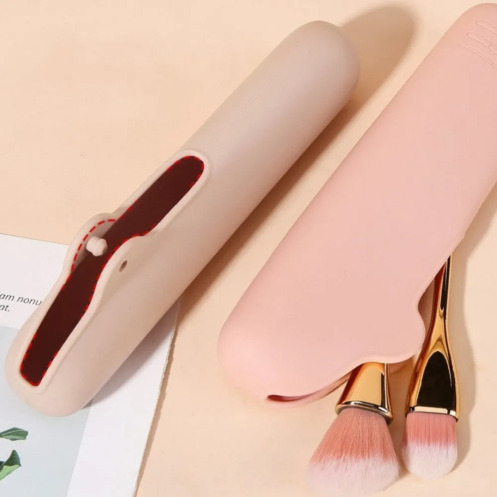 Portable silicone cosmetic storage bag in khaki, deep pink, and millet white for travel makeup organisation