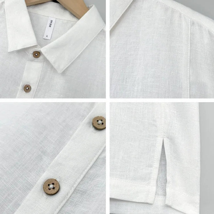Men's loose grey green linen short sleeve top with thin lapels on a hanger