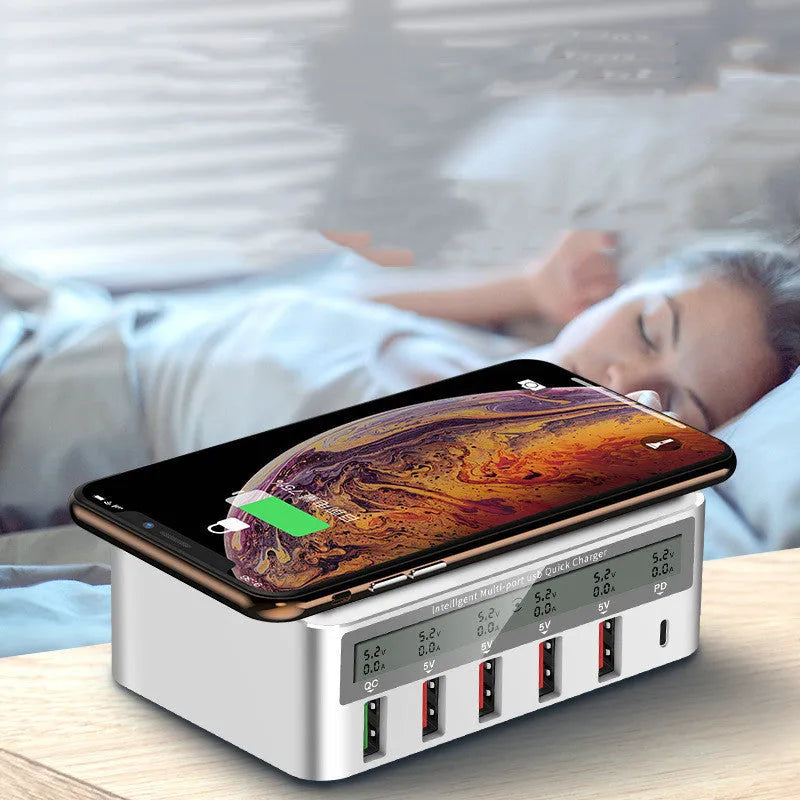 QC30 50W six-port USB desktop charger with optional wireless pad and UK plug.