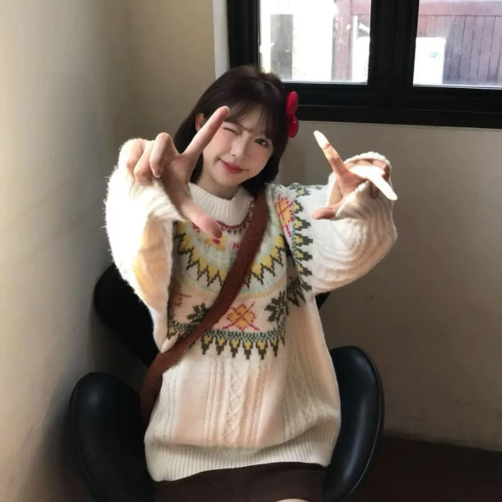 Women's milky white lantern sleeve mori knitwear pullover sweater on hanger