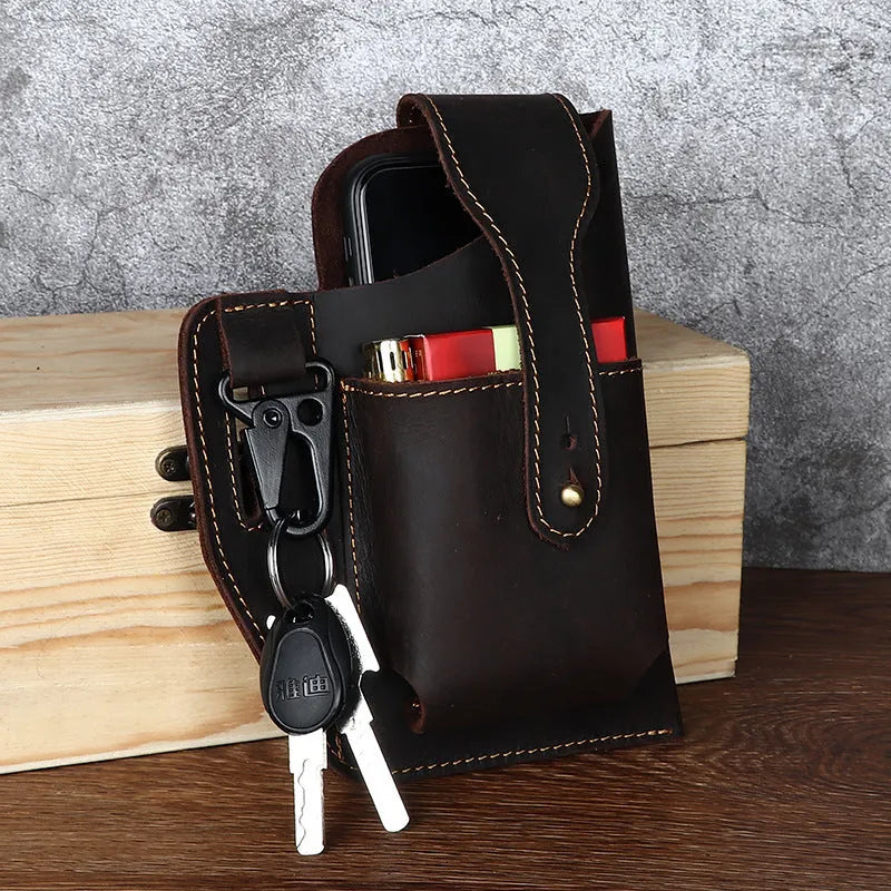 Men's brown leather hanging belt bag with car suture detailing and a flap closure