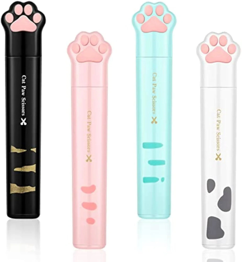 Cat paw cartoon design mini folding safety scissors in four colours: black, blue, pink, and white.