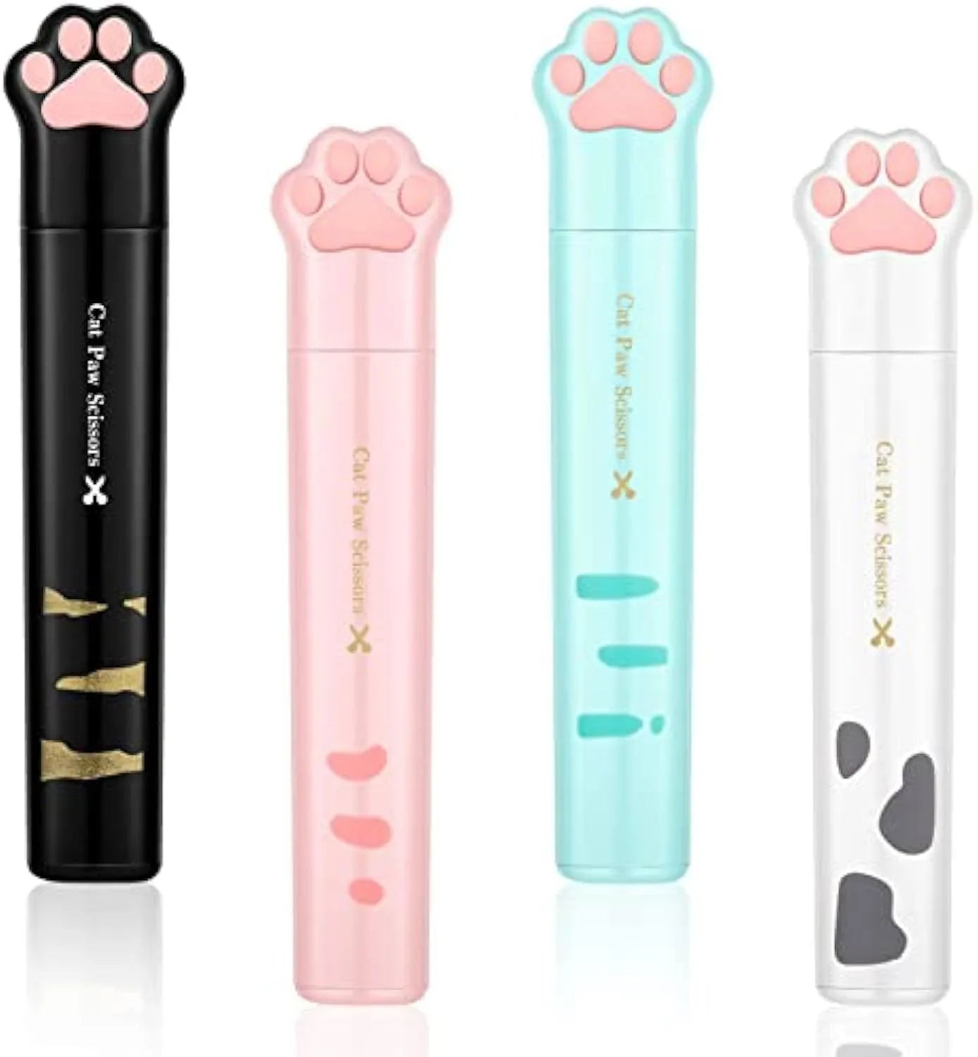 Cat paw cartoon design mini folding safety scissors in four colours: black, blue, pink, and white.