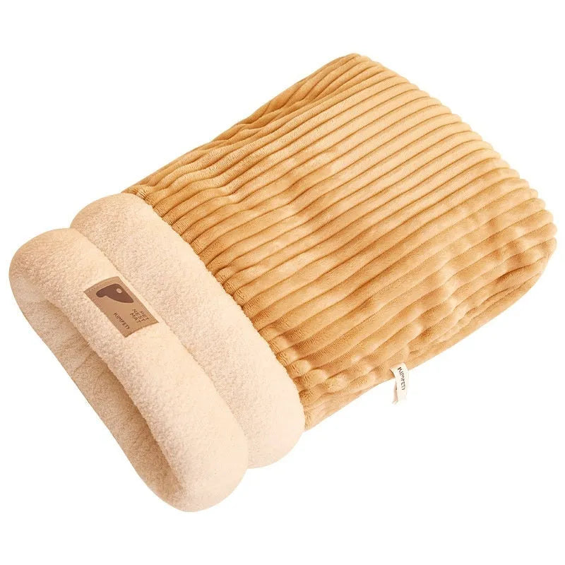 Brown semi-enclosed pet sleeping bag with lambswool insulation for cats and small dogs