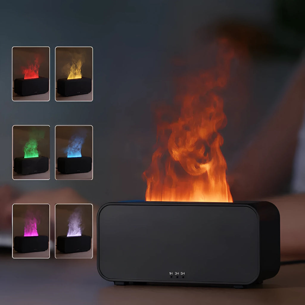 White USB aroma diffuser with simulated flame lighting effect on wooden surface