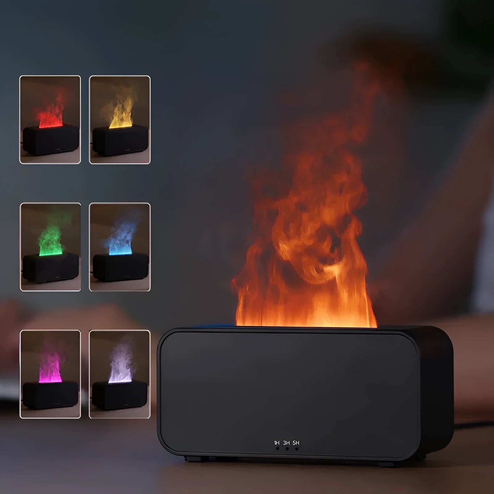 White USB aroma diffuser with simulated flame lighting effect on wooden surface