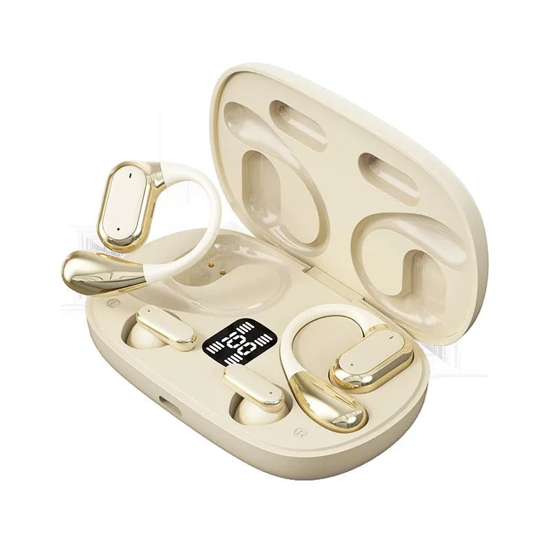 Ear-mounted sports Bluetooth headset in black with digital display, PC ABS body, 4-8 hour battery life.