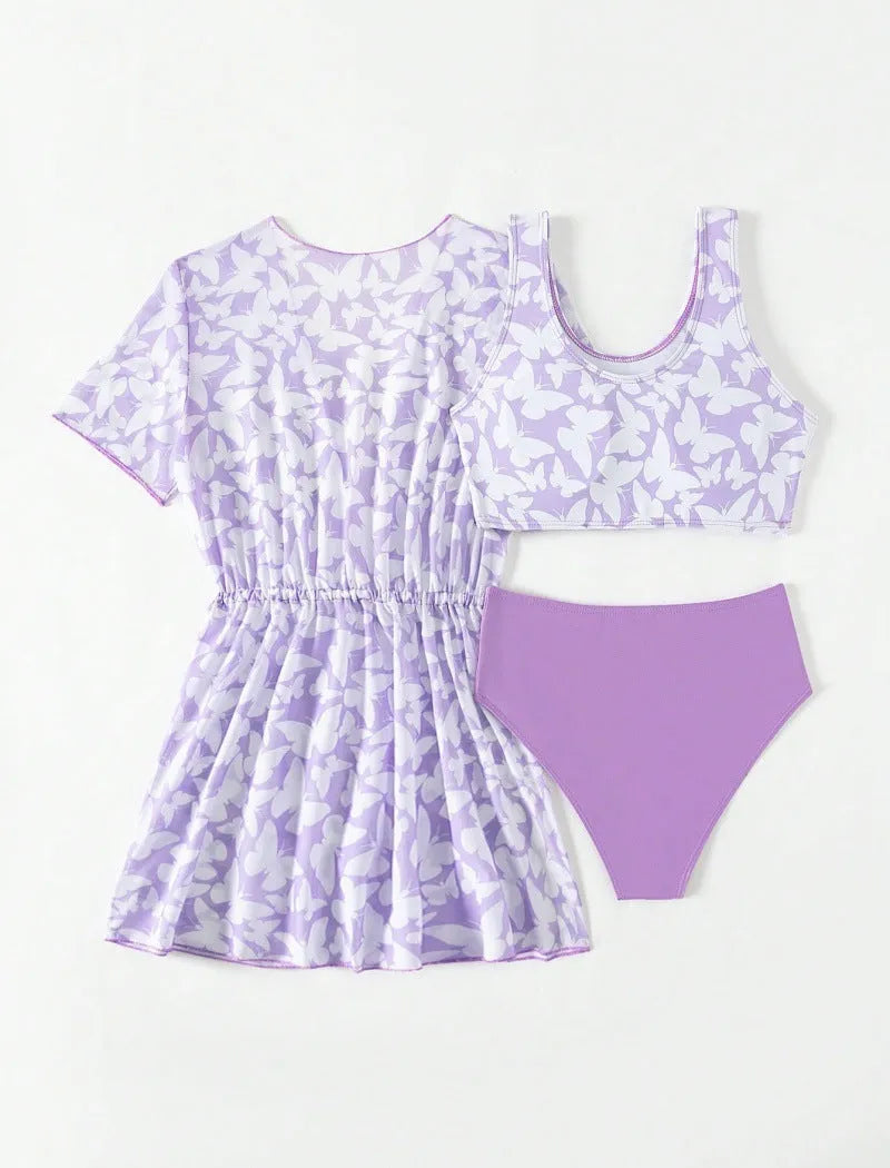 Three piece girls swimsuit set in colour 3218, showing coat, vest and pants.