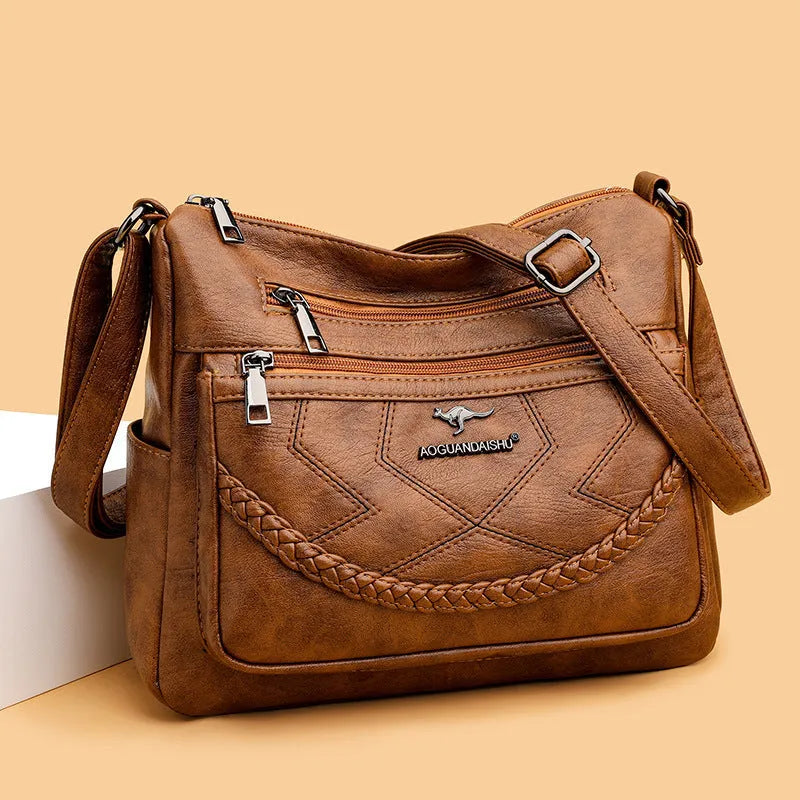 Soft PU leather women's shoulder bag in horizontal square shape with large capacity.