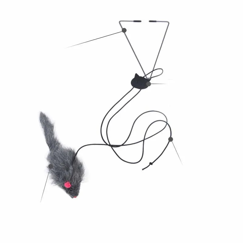 Pet telescopic hanging door cat toy with plush mouse, adjustable buckle, and 1.8-metre elastic rope in grey