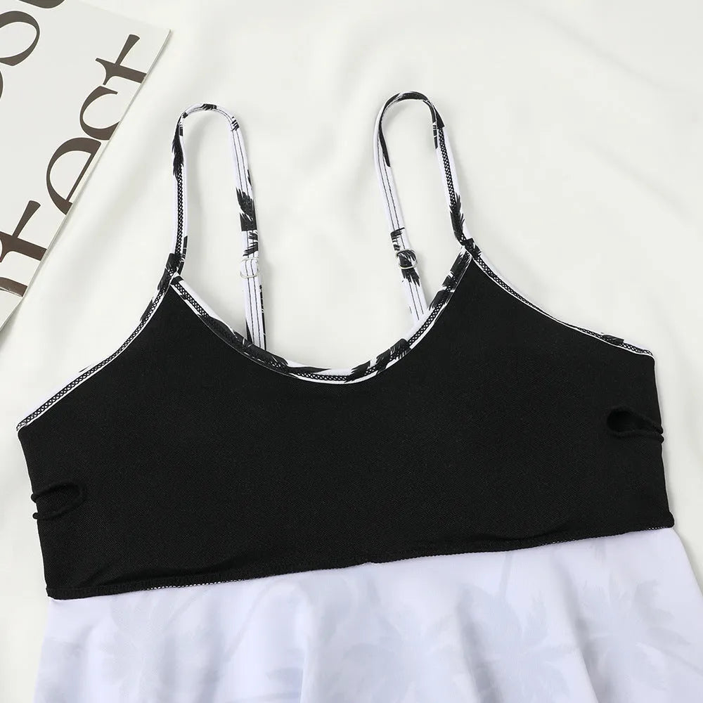 Black and floral print high-waisted women's swimsuit with a double-layer brief.