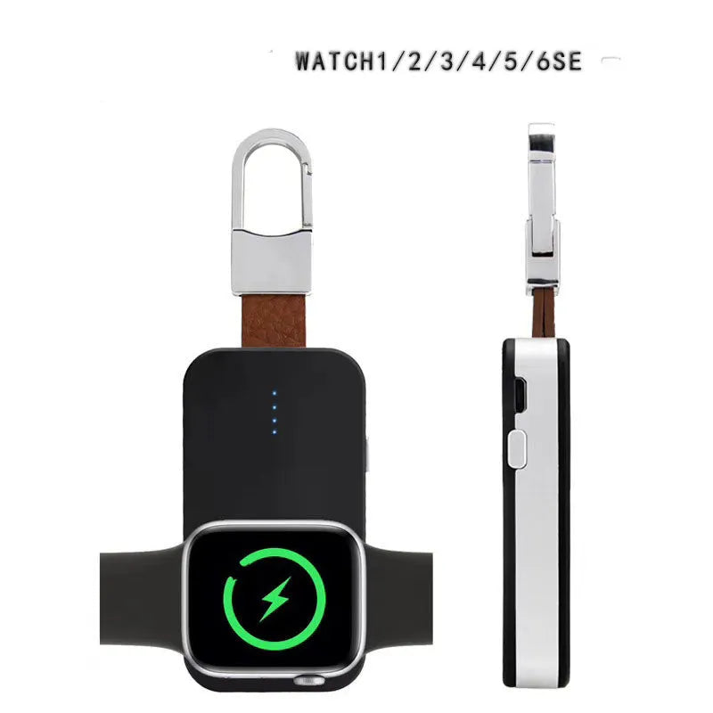 Black Apple Watch wireless power bank with keychain attachment showing compact rectangular design
