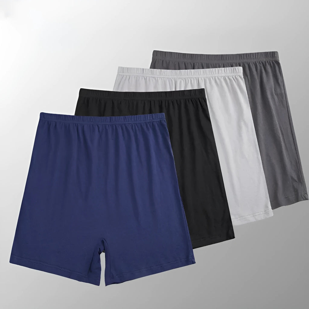 Men's solid colour modal boxer shorts with high waist, shown in black, blue, grey and brown.
