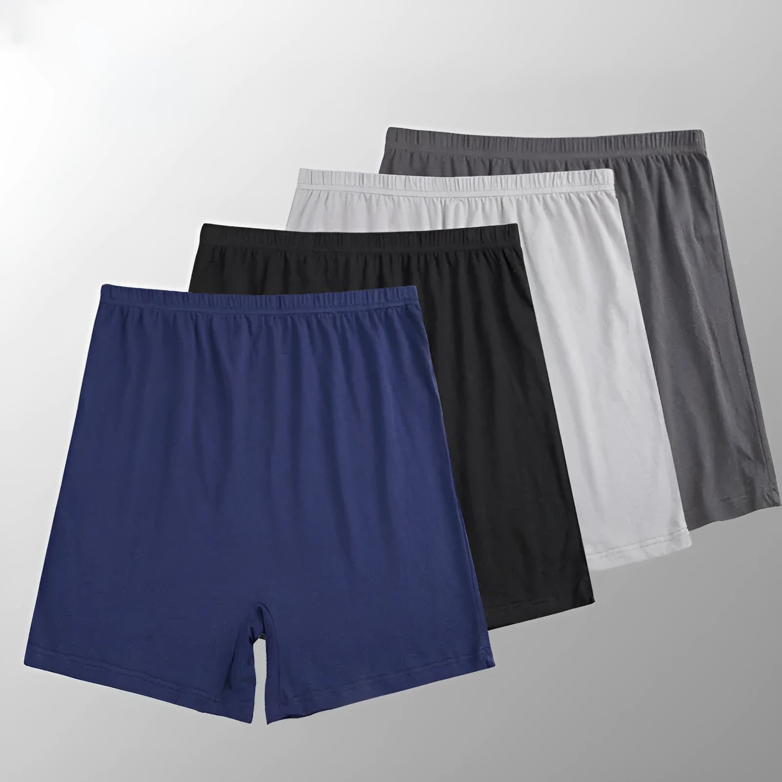 Men's solid colour modal boxer shorts with high waist, shown in black, blue, grey and brown.