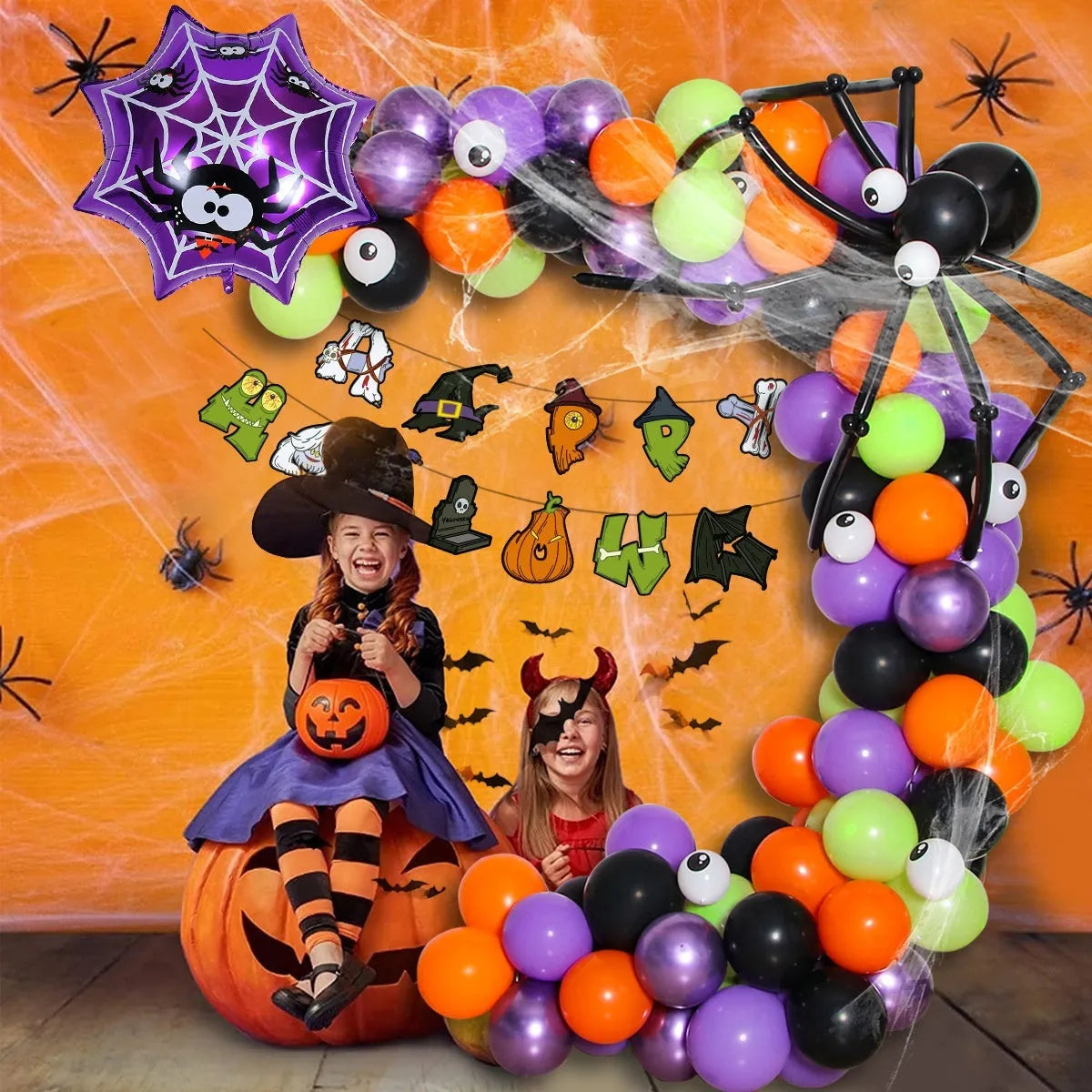 Halloween latex balloon set with black and white skull and pumpkin designs including spider balloon arch element