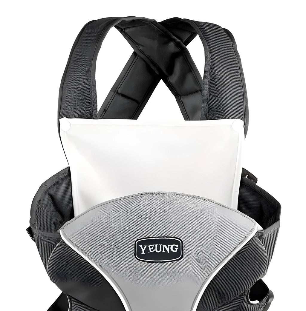 Double-shoulder baby carrier in blue colour showing infant facing carrying position