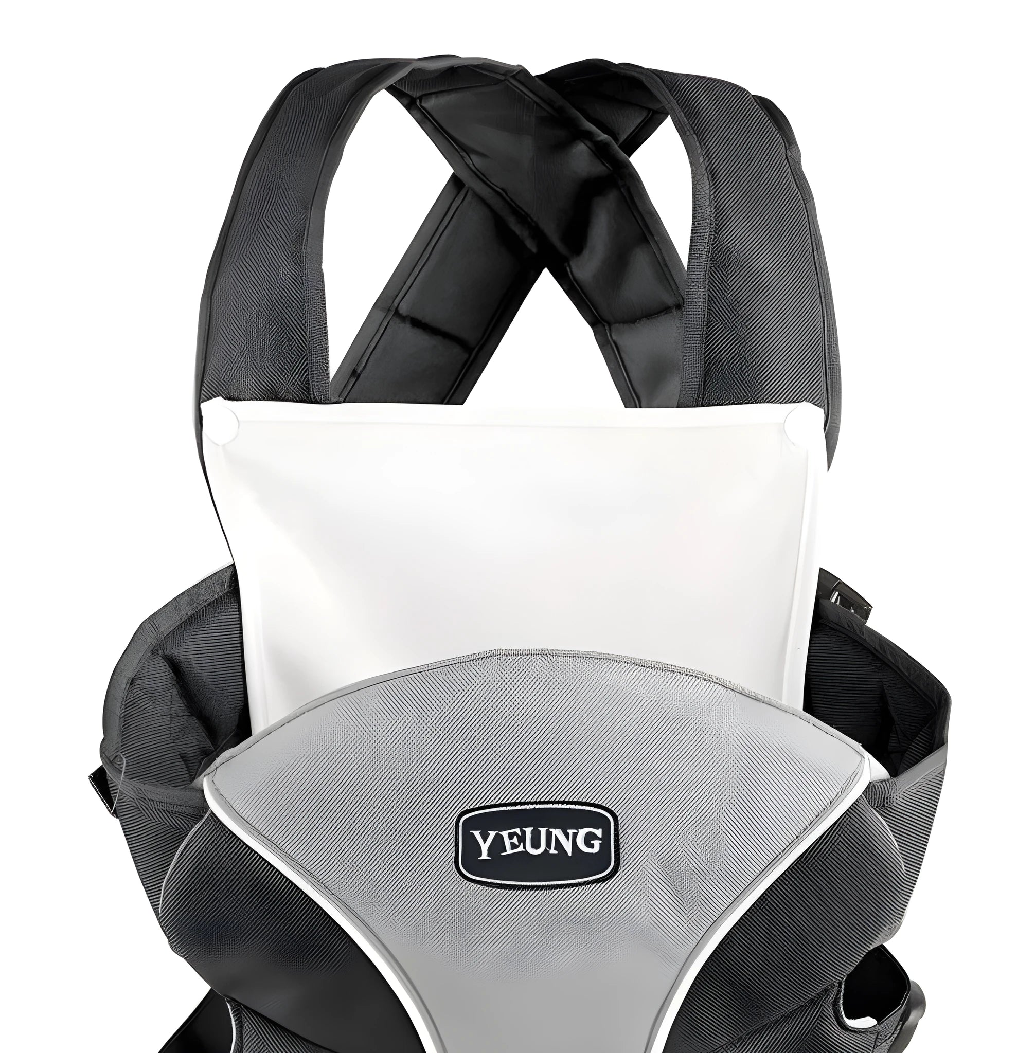 Double-shoulder baby carrier in blue colour showing infant facing carrying position
