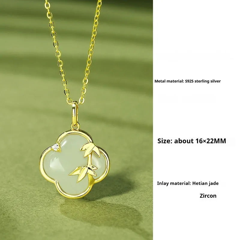 Hetian Jade leaf design bracelet and necklace set in national style.