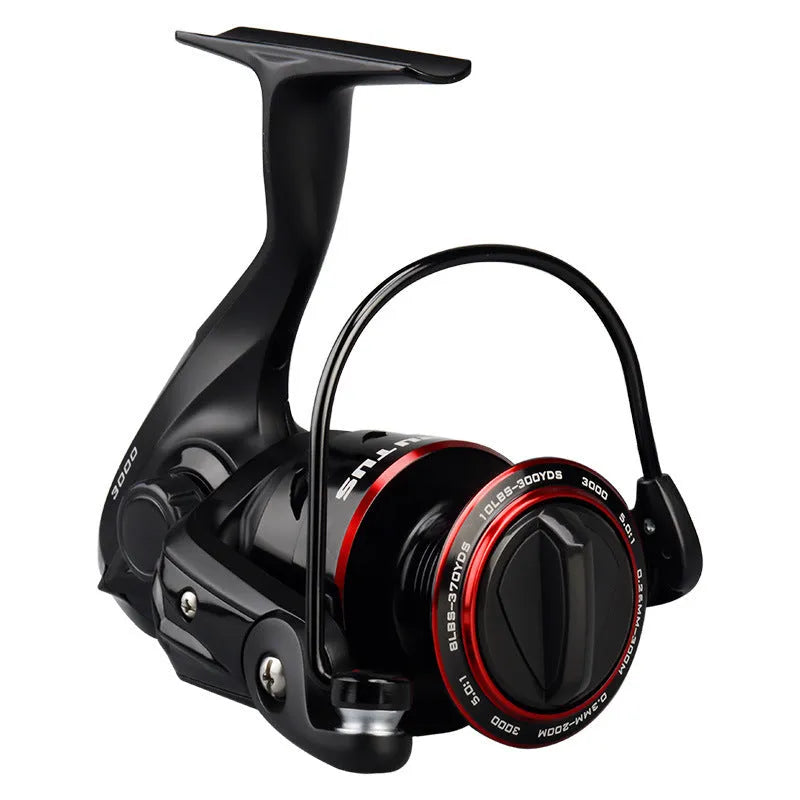 All-metal spinning fishing reel shown in 2000, 3000, 4000, and 5000 series sizes for telescopic rod fishing.