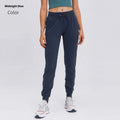 Women's high waist yoga pants with drawstring waistband in cotton blend quick-dry fabric