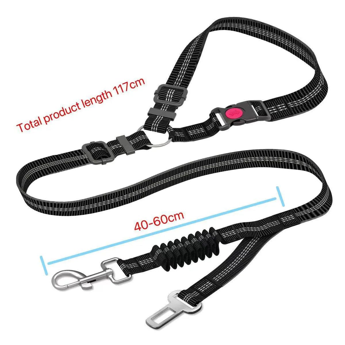 Retractable dog leash with anti-pull car seatbelt in nylon, shown in multiple colours including black, red, and blue.